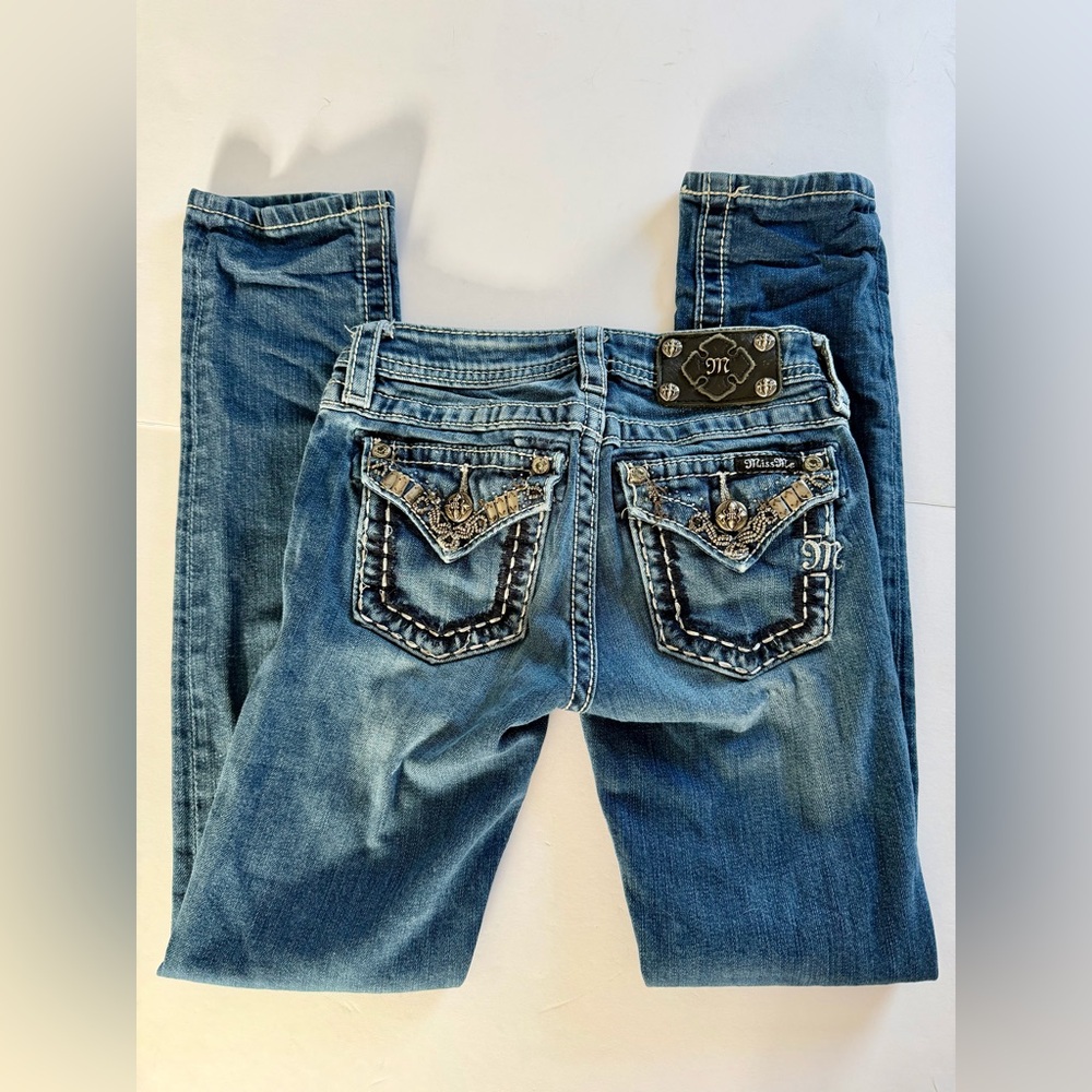 Miss Me Girls Skinny Blue Jeans with Embroidered Pockets